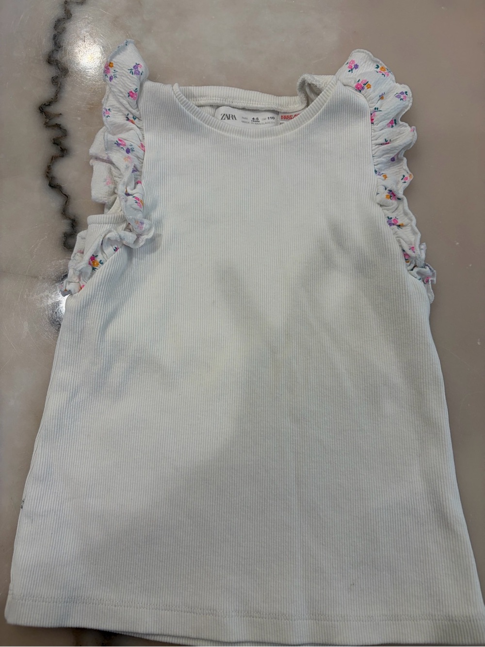 Zara White Ribbed Tank with Pink & Yellow Floral Ruffles